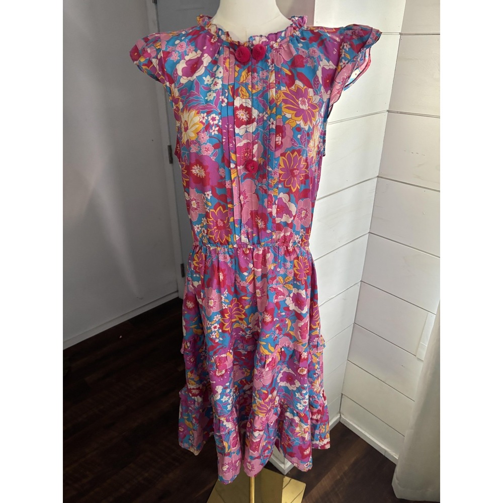 Figue Dress Womens Large Multicolor Floral Ruffle Flutter Sleeve Midi Boho Silk